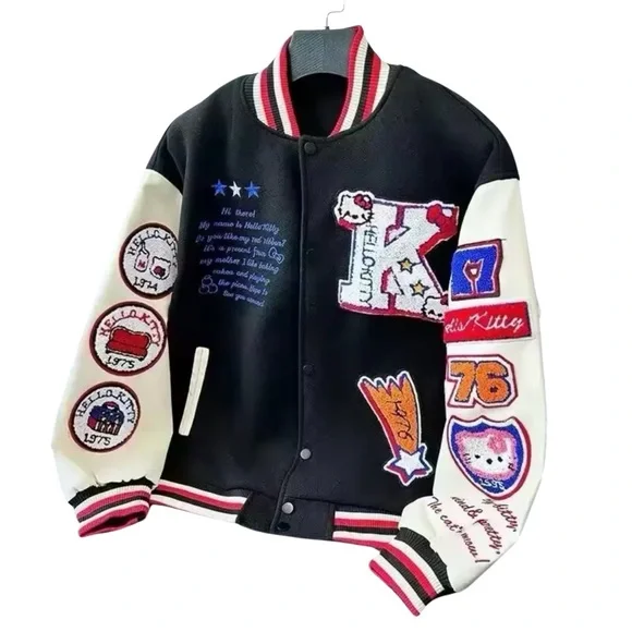 Hello Kitty Black and Cream Varsity Jacket with Red Accents - Picture 2 of 4